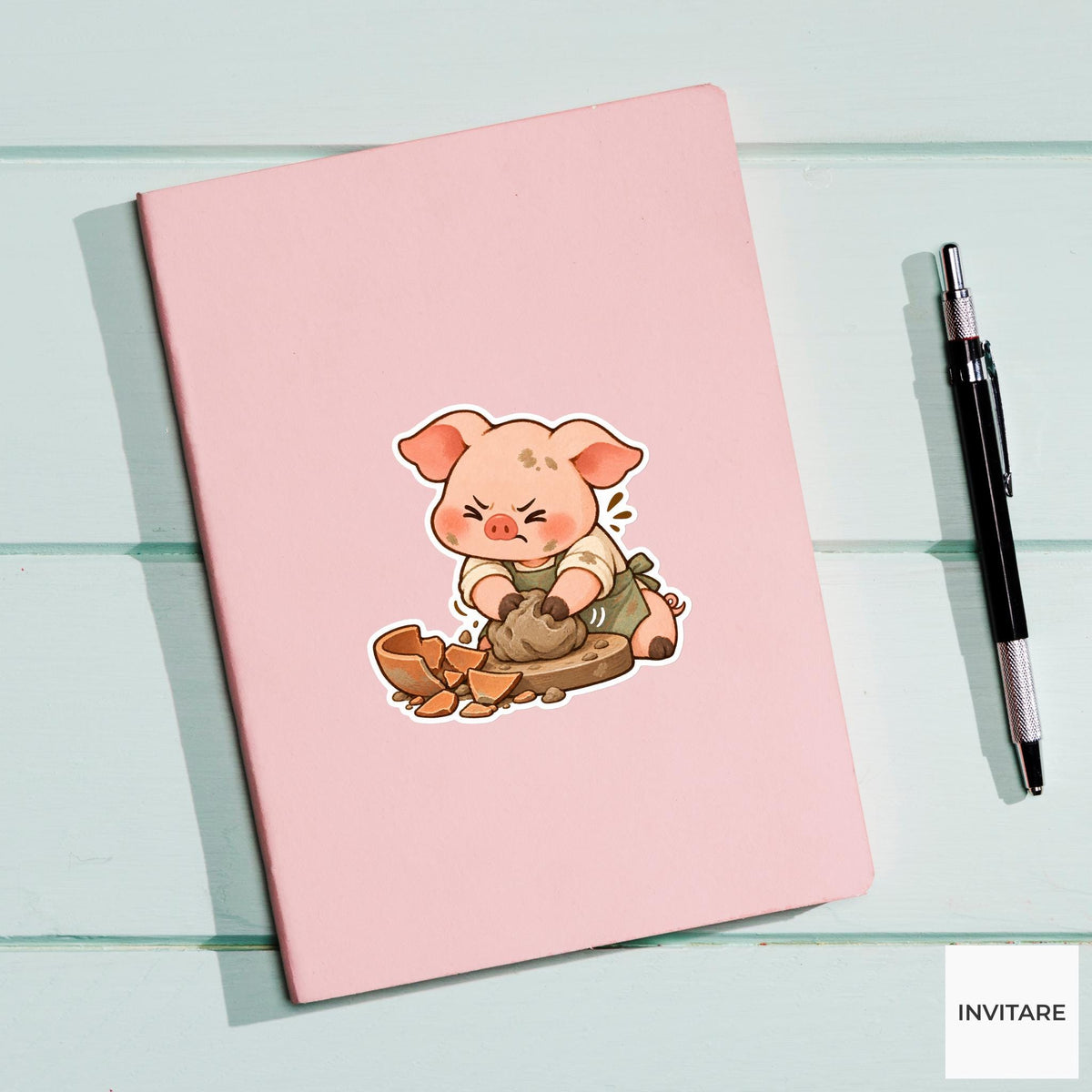 Piglet Starting Over with a Collapsed Bowl Vinyl Sticker, Pottery Class Animal