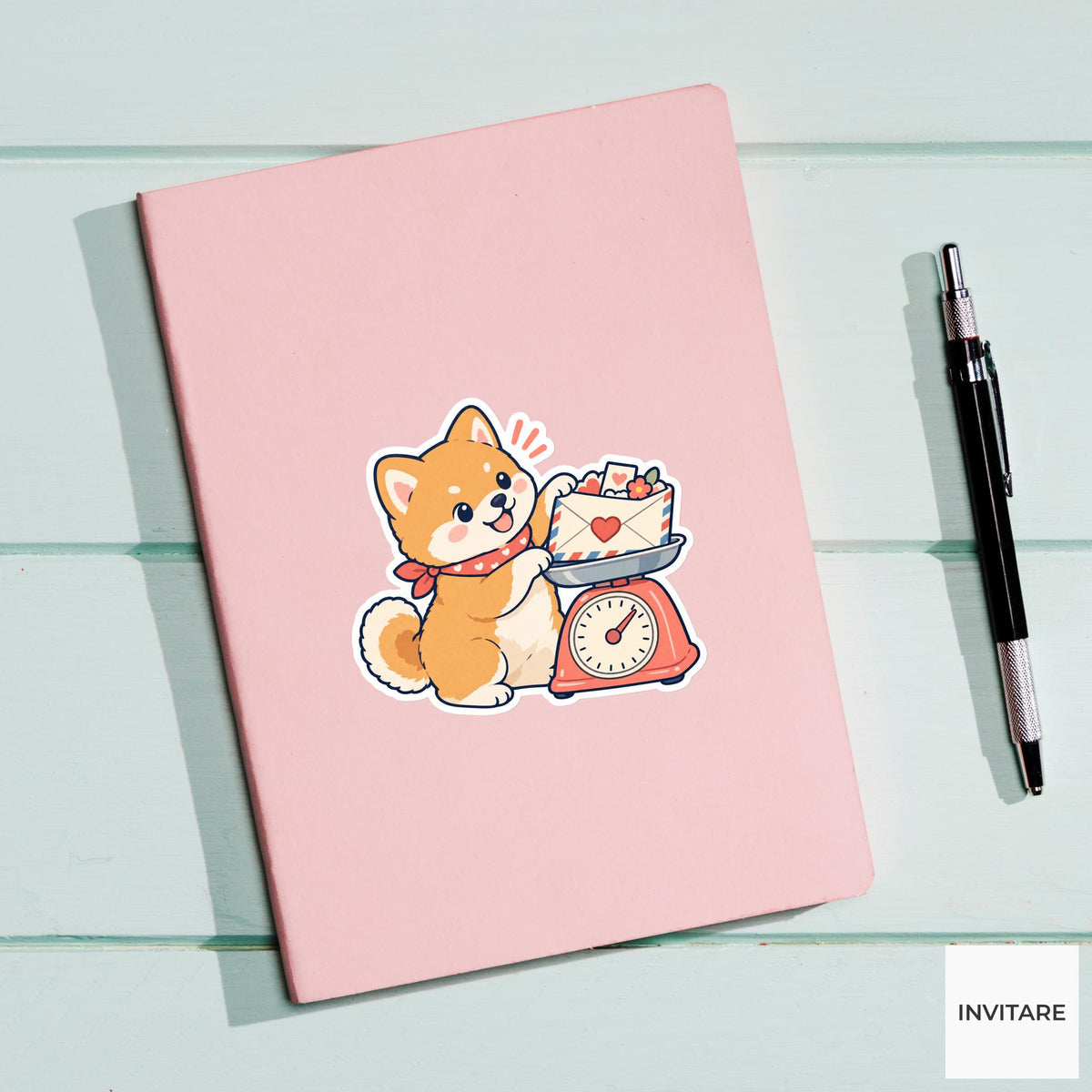 Shiba puppy Weighing a Little Letter Vinyl Sticker, Pen Pal Club Animal