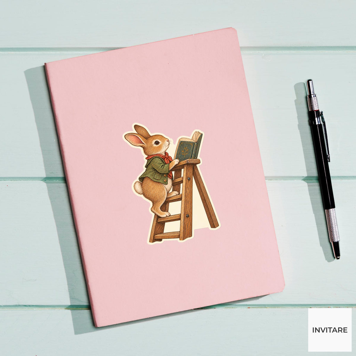 Rabbit Library Ladder Reader Vinyl Sticker, Bookish Animal Art for Journals and Laptops