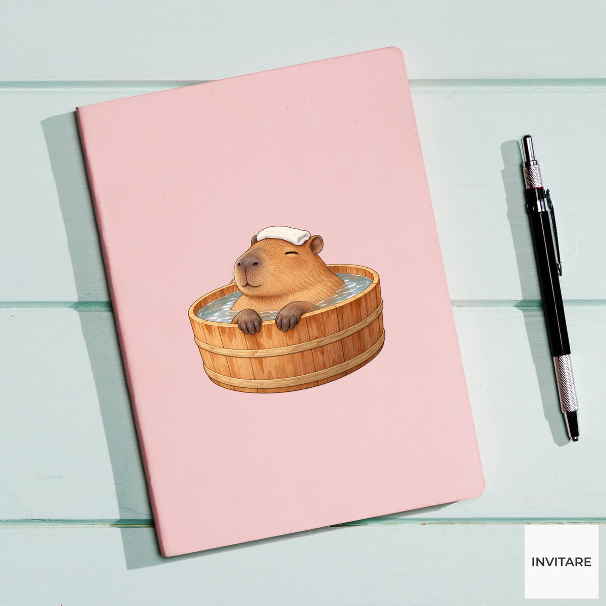 Capybara Bath Vinyl Sticker, Tiny Cedar Tub, Cozy Animal Spa Decal, Slow Living Gift