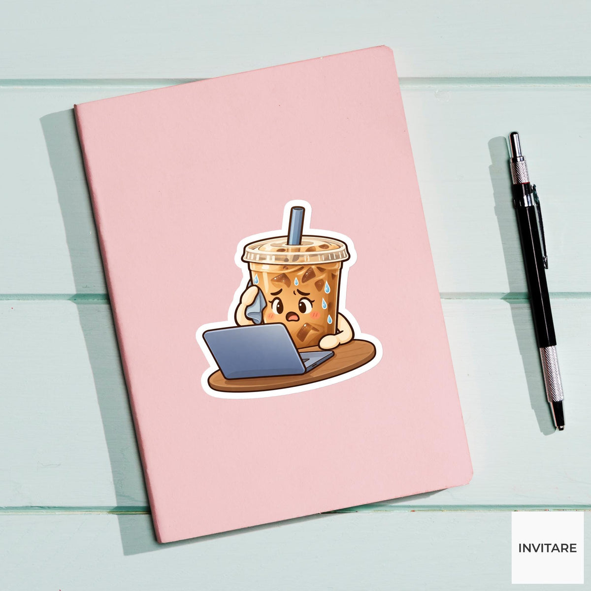 Stressed Iced Coffee Working at a Laptop Vinyl Sticker, Funny Office Coffee Break Decal
