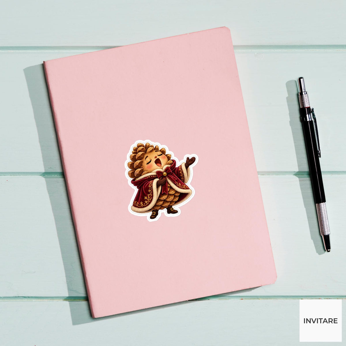 Pinecone Singing In Burgundy Cloak Vinyl Sticker, Cozy Christmas Choir Decal