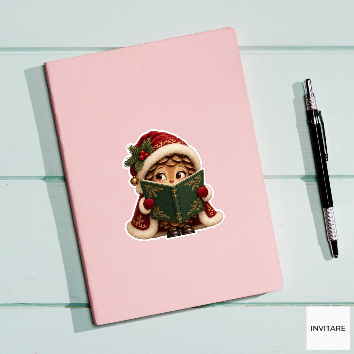 Shy Pinecone Behind Green Songbook Vinyl Sticker, Cozy Christmas Choir Decal