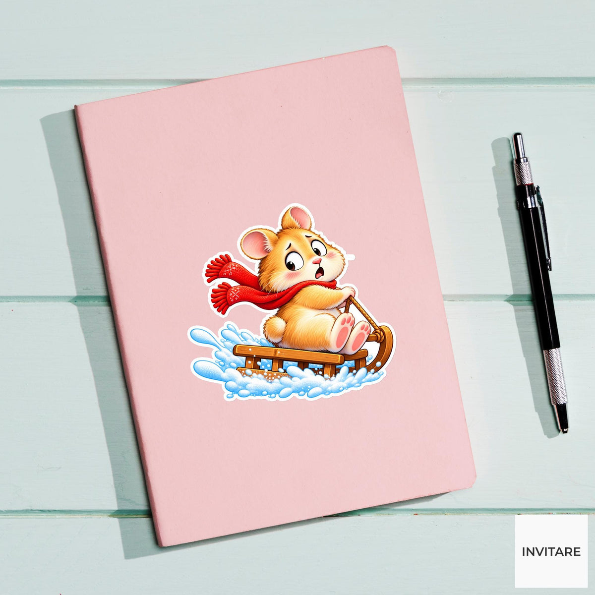 Hamster Looking Back On Sled Vinyl Sticker, Cute Winter Sled Lesson Decal