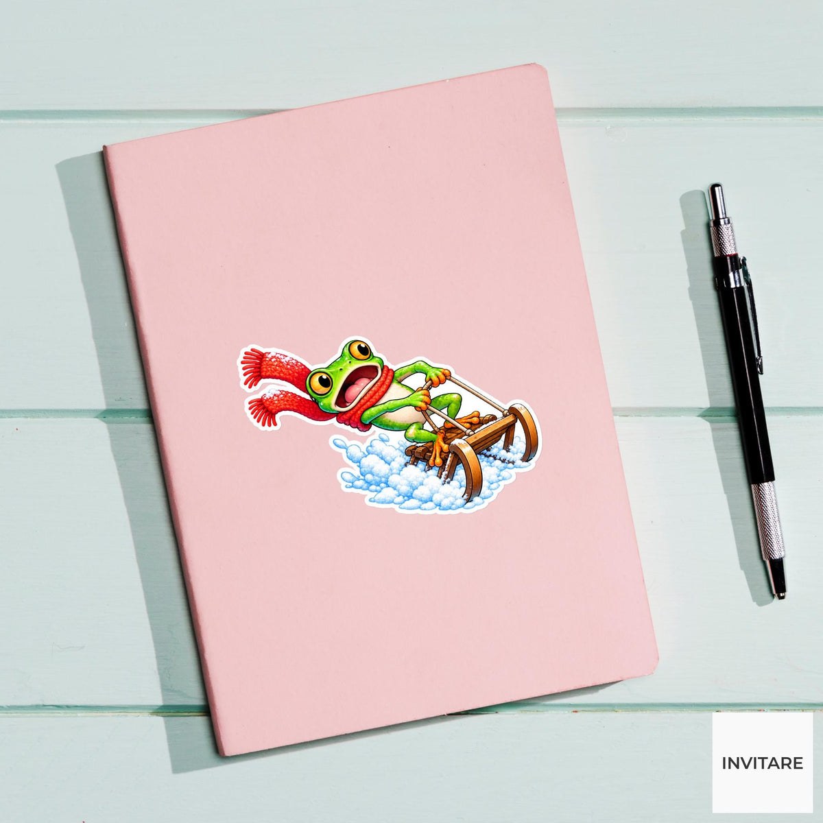 Frog Leaning On Racing Sled Vinyl Sticker, Cute Winter Sled Lesson Decal