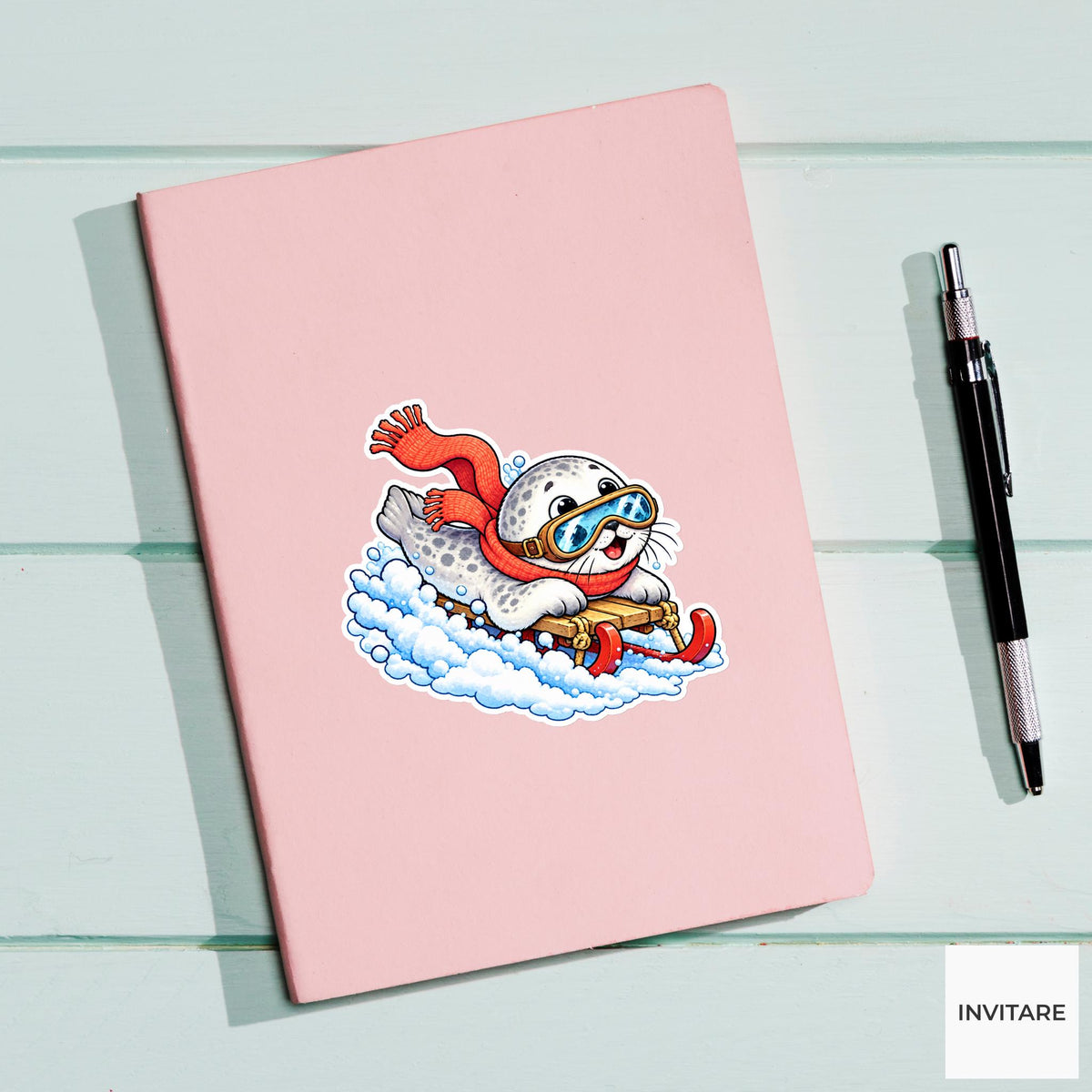 Seal Sledding In Huge Goggles Vinyl Sticker, Cute Winter Sled Lesson Decal