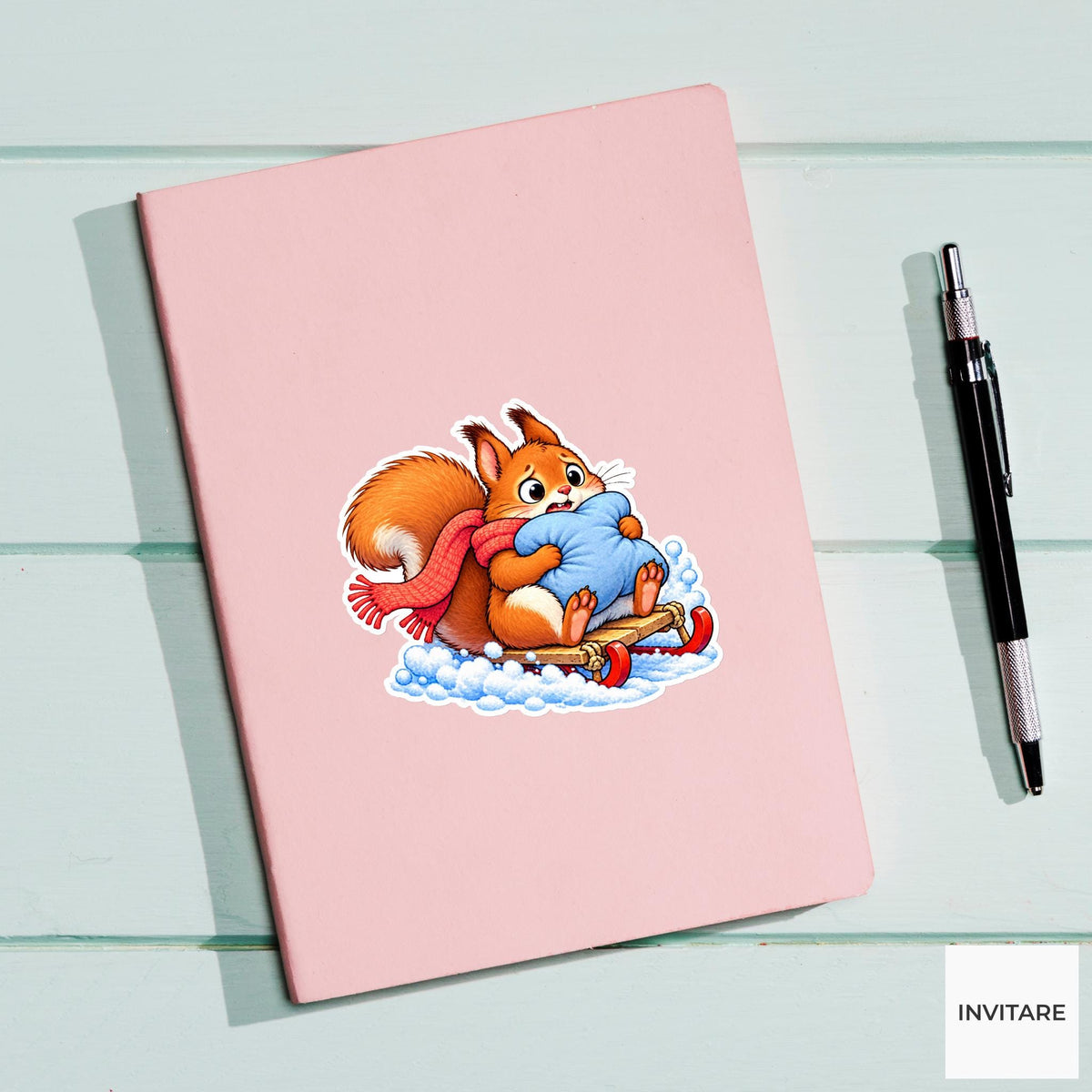 Squirrel Hugging Sled Cushion Vinyl Sticker, Cute Winter Sled Lesson Decal
