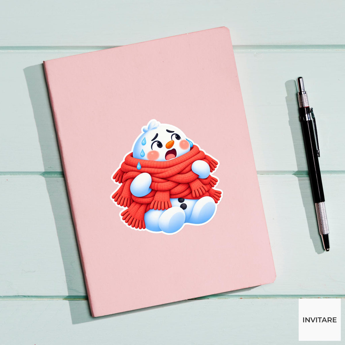 Snowman Sweating In Many Scarves Vinyl Sticker, Cute Icy Winter Cartoon Decal