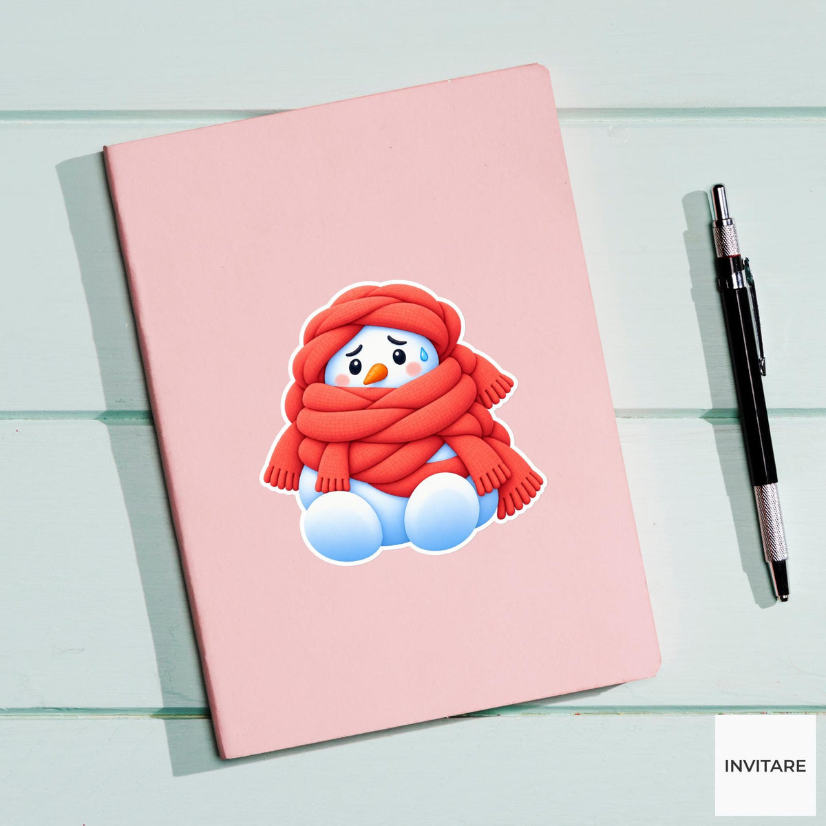 Snowman Buried Under Scarves Vinyl Sticker, Cute Icy Winter Cartoon Decal