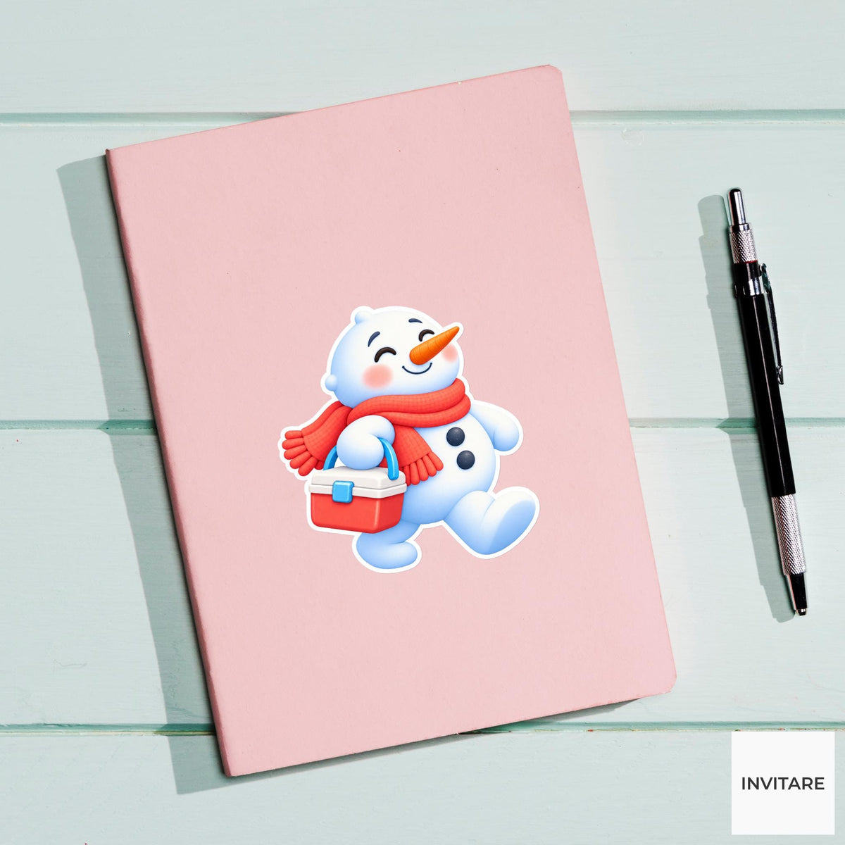 Snowman Carrying Tiny Ice Cooler Vinyl Sticker, Cute Icy Winter Cartoon Decal