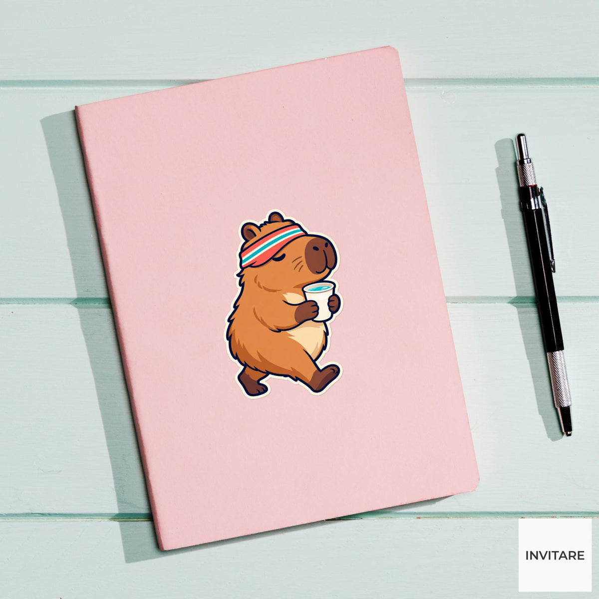 Capybara Cup Balance Sticker, Cute Running Animal, Notebook and Stationery Art, Jogger Gift
