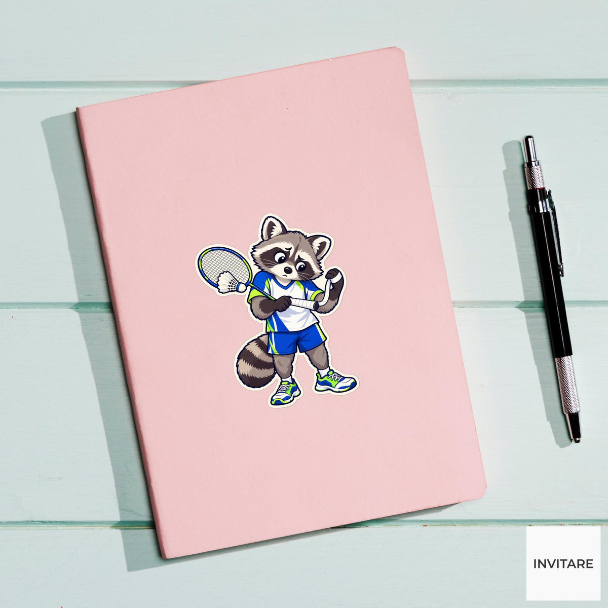 Raccoon Grip Adjustment Sticker, Badminton Animal Art, Notebook and Stationery Art, Club Friend Gift
