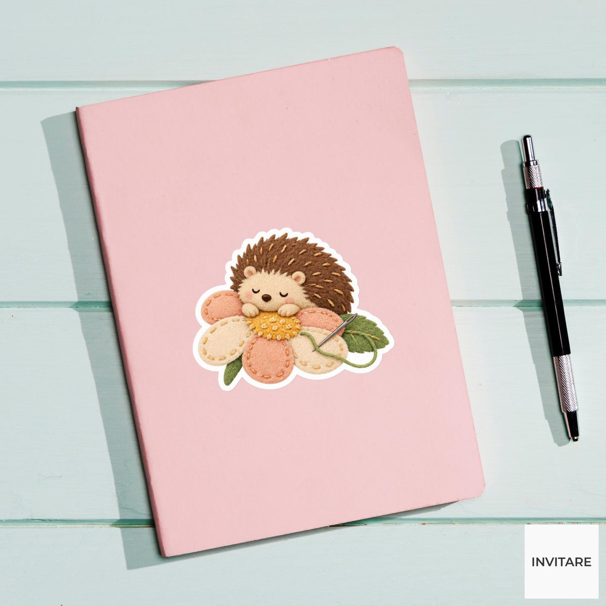 Hedgehog napping on an unfinished stitched flower Vinyl Sticker
