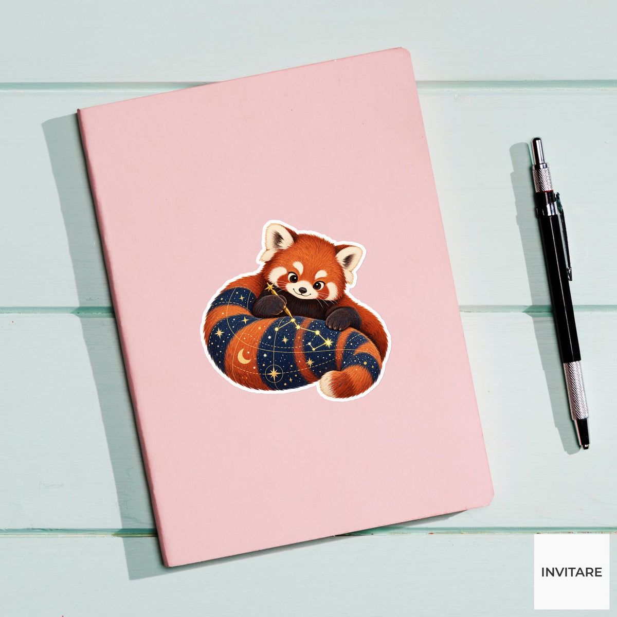 Red panda tracing a constellation on a navy chart spread across its striped tail Vinyl Sticker
