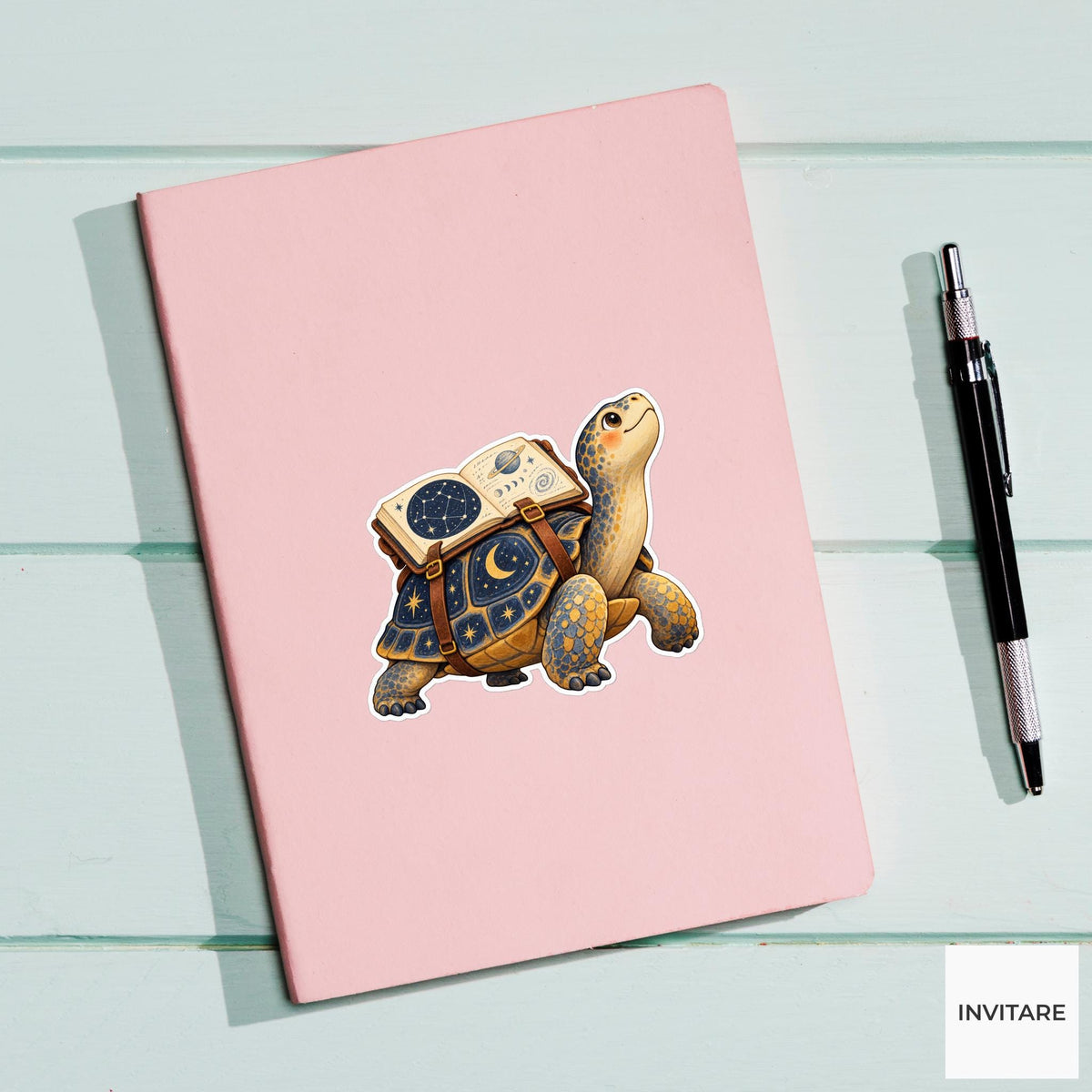 Turtle carrying an open astronomy notebook on its shell and craning its neck upward Vinyl Sticker