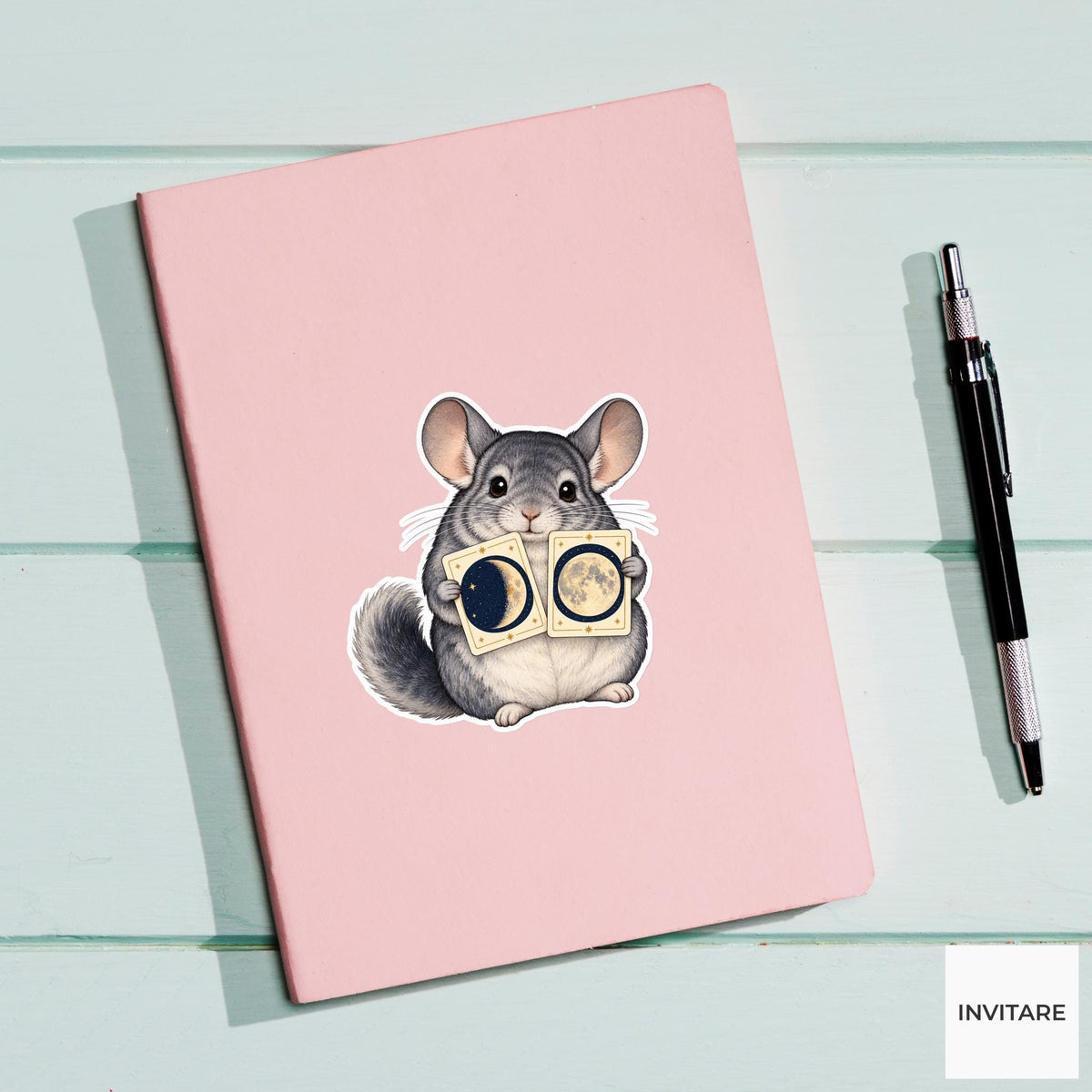 Chinchilla comparing two illustrated moon phases on cream cards held side by side Vinyl Sticker