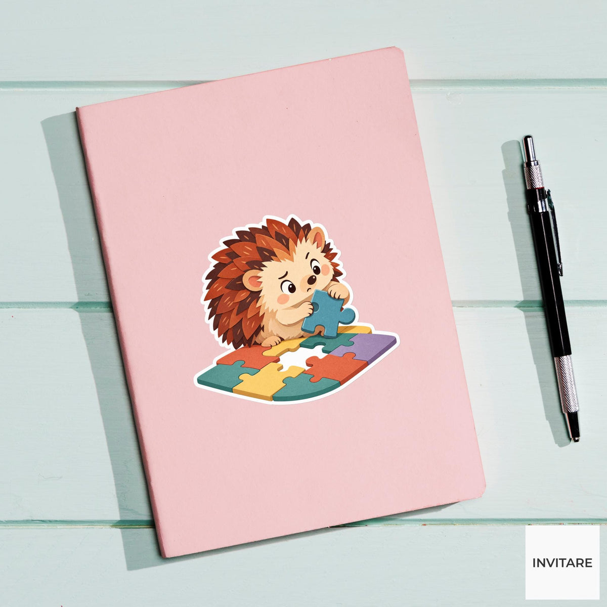 Hedgehog using its tiny paws to rotate a mismatched blue piece with a puzzled face Vinyl Sticker