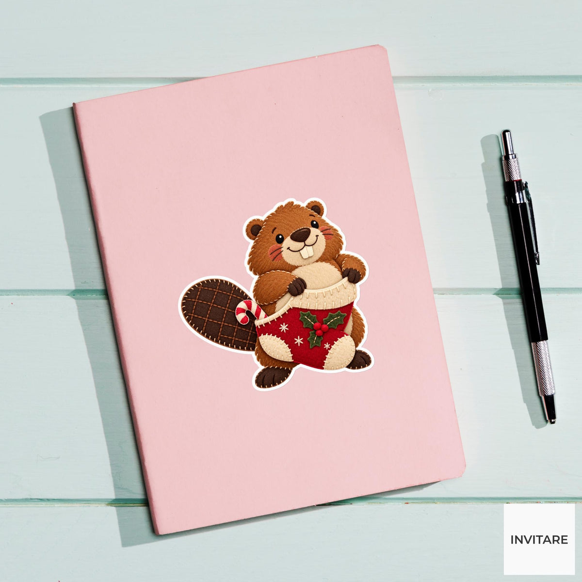 Beaver pulling a stocking up around its belly while a candy peeks beside its broad tail Vinyl Sticker