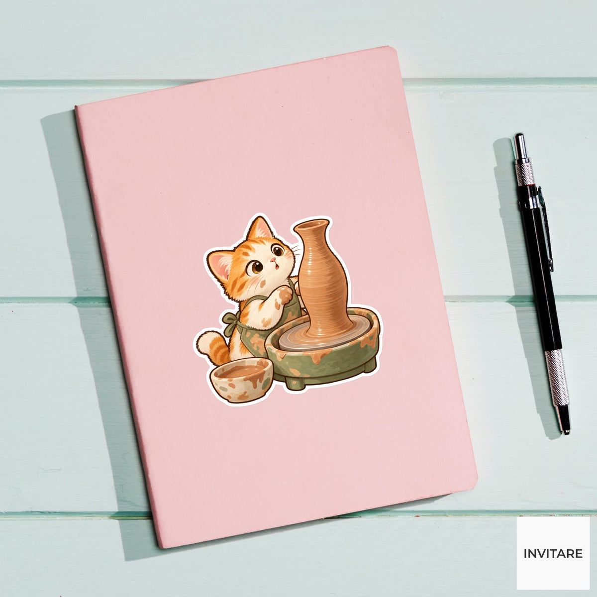 Cat Throwing a Tall Clay Vase Vinyl Sticker, Pottery Class Animal