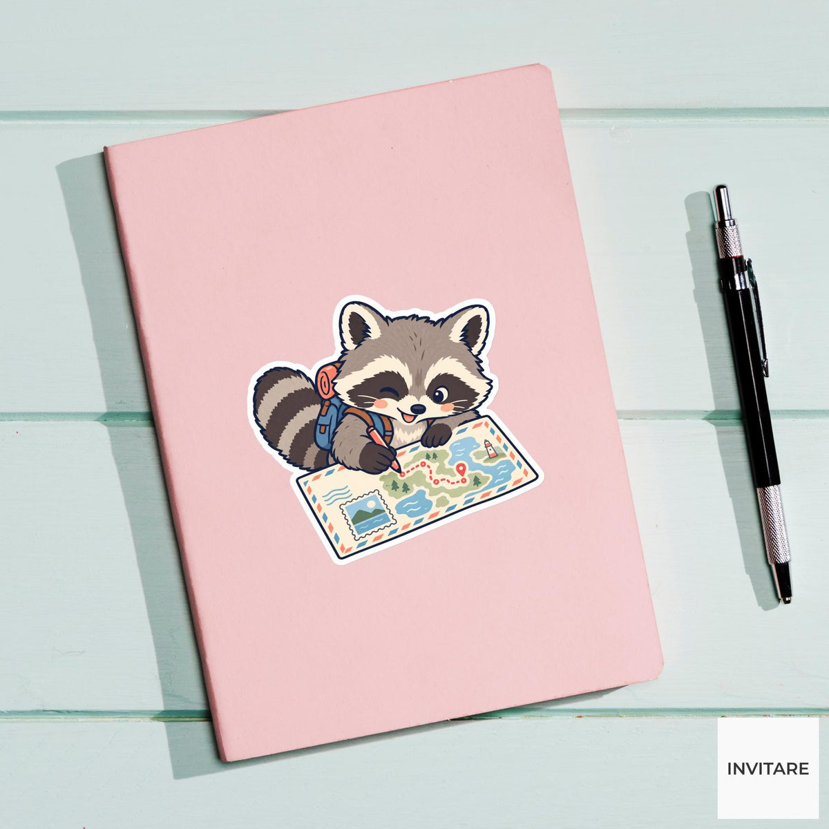 Raccoon Drawing a Postcard Travel Map Vinyl Sticker, Pen Pal Club Animal