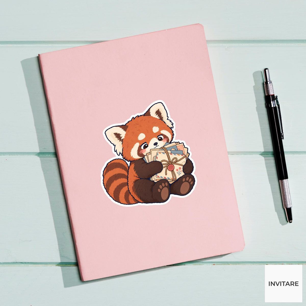 Red panda Hugging a Bundle of Old Letters Vinyl Sticker, Pen Pal Club Animal