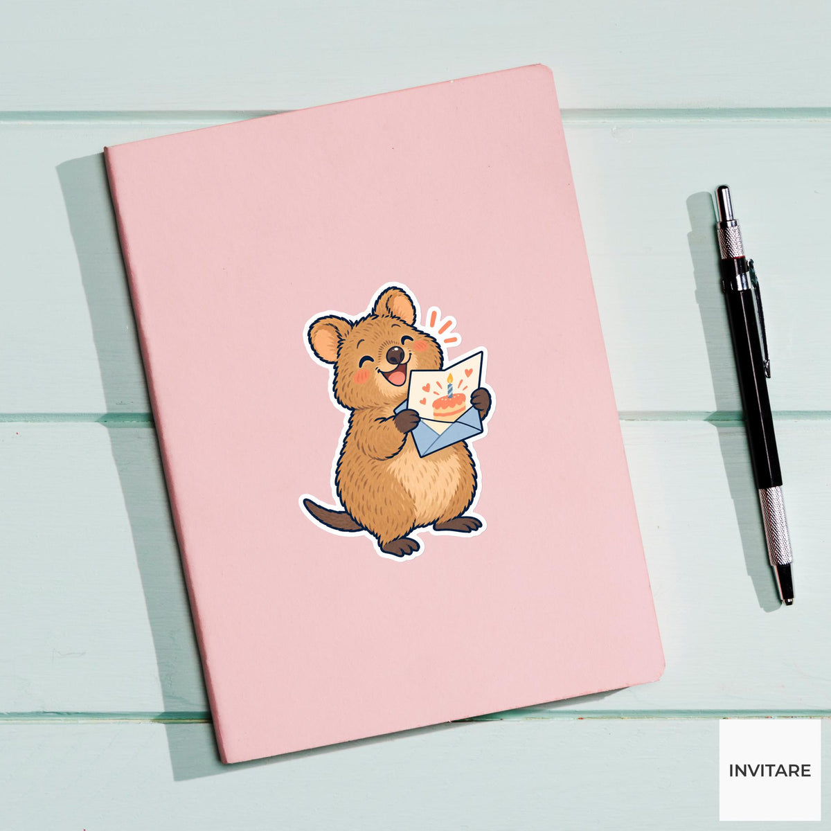Quokka Opening a Birthday Card Vinyl Sticker, Pen Pal Club Animal