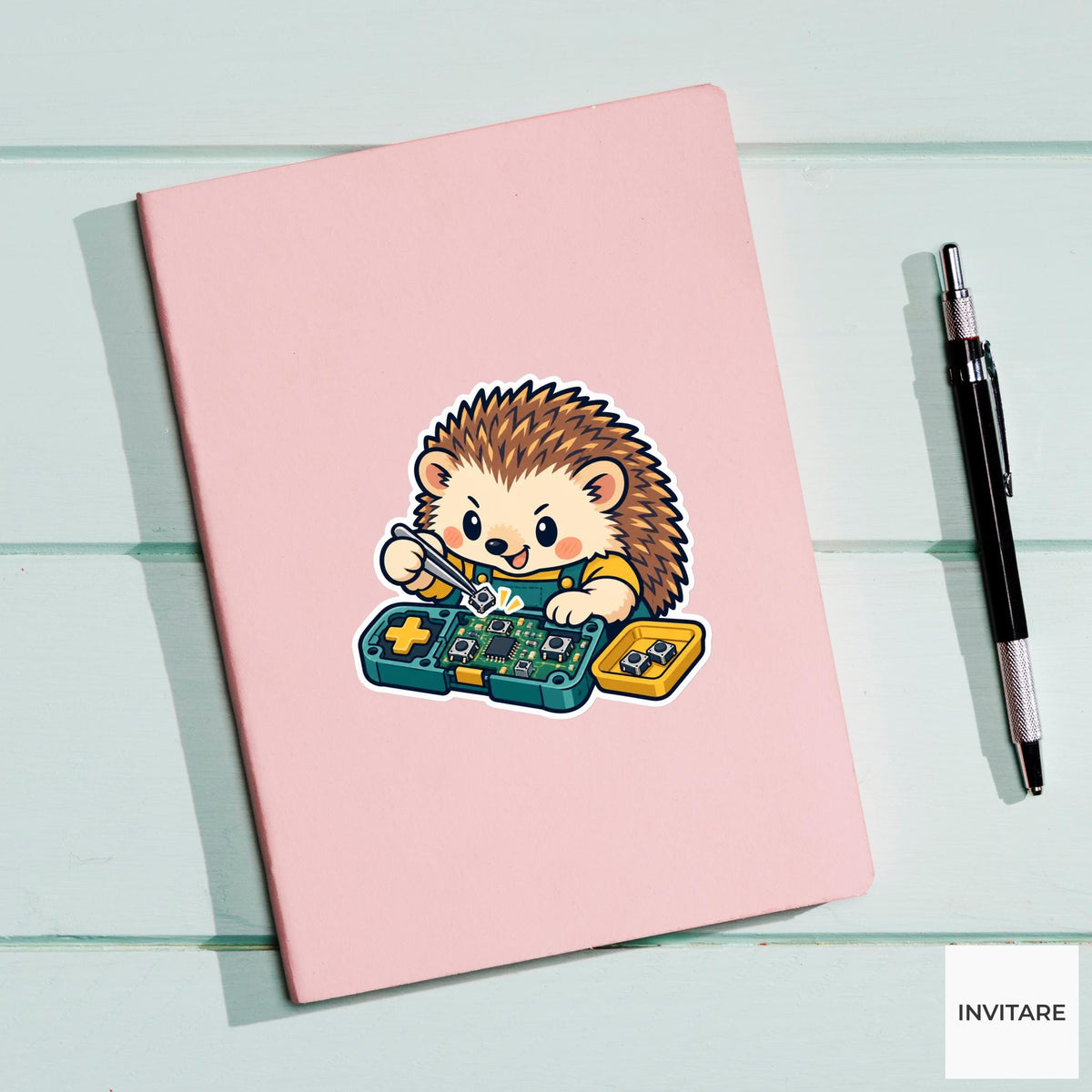 Hedgehog Fitting a Loose Button Vinyl Sticker, Little Electronics Workshop