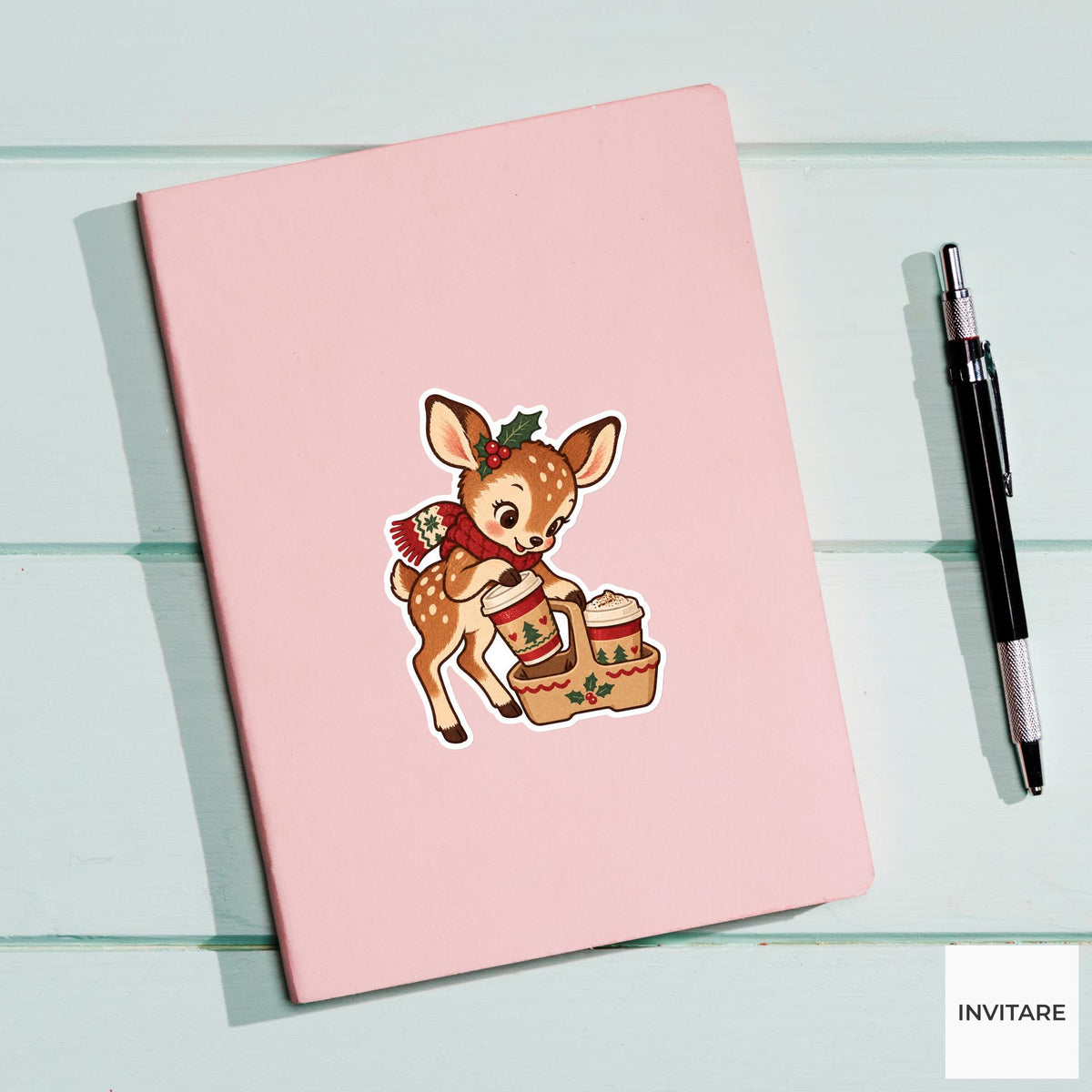 Deer fawn Packing a Two Cup Cocoa Carrier Vinyl Sticker, Christmas Cocoa Shop