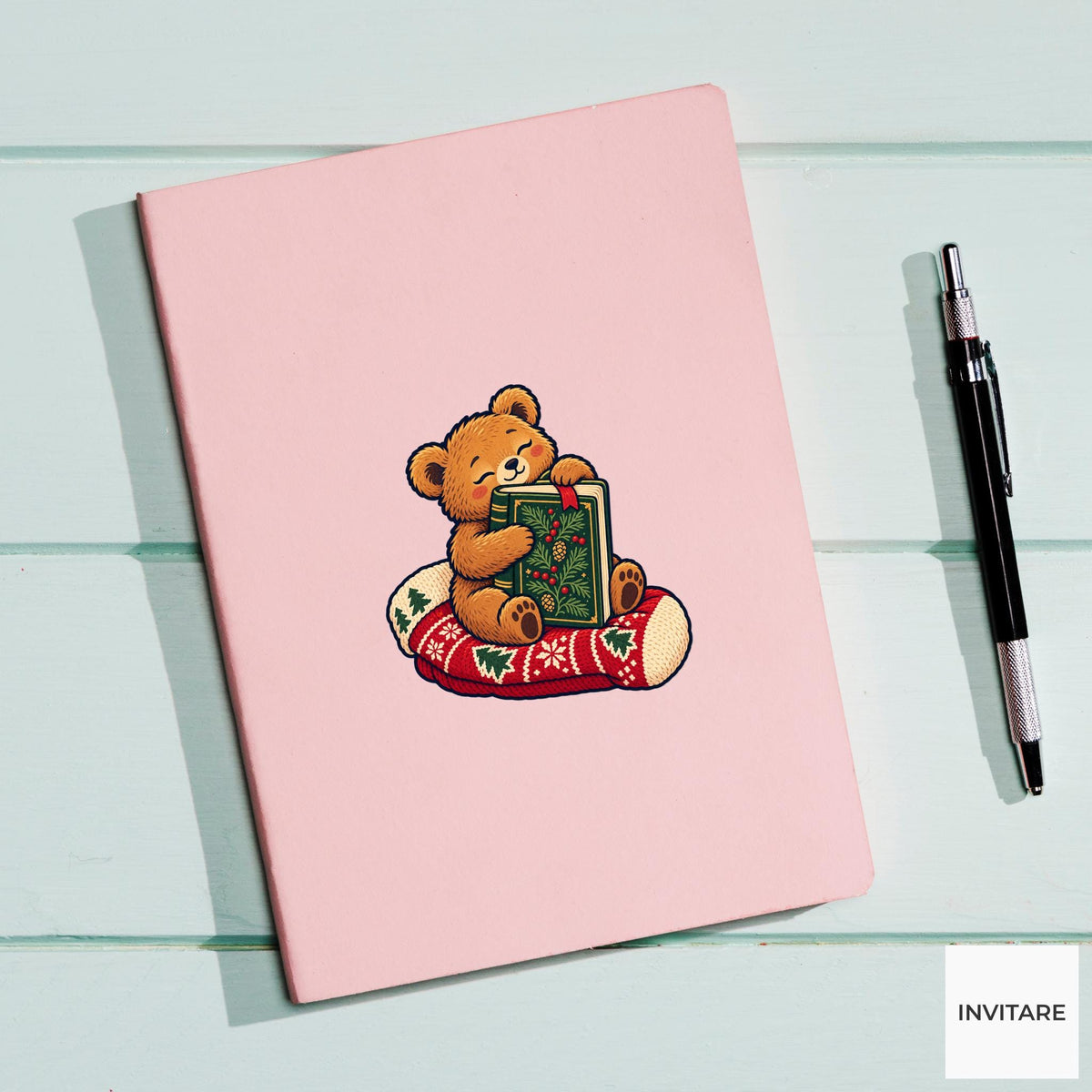 Bear Stocking Storytime Vinyl Sticker, Cozy Christmas Reading Animal Decal, Book Lover Gift