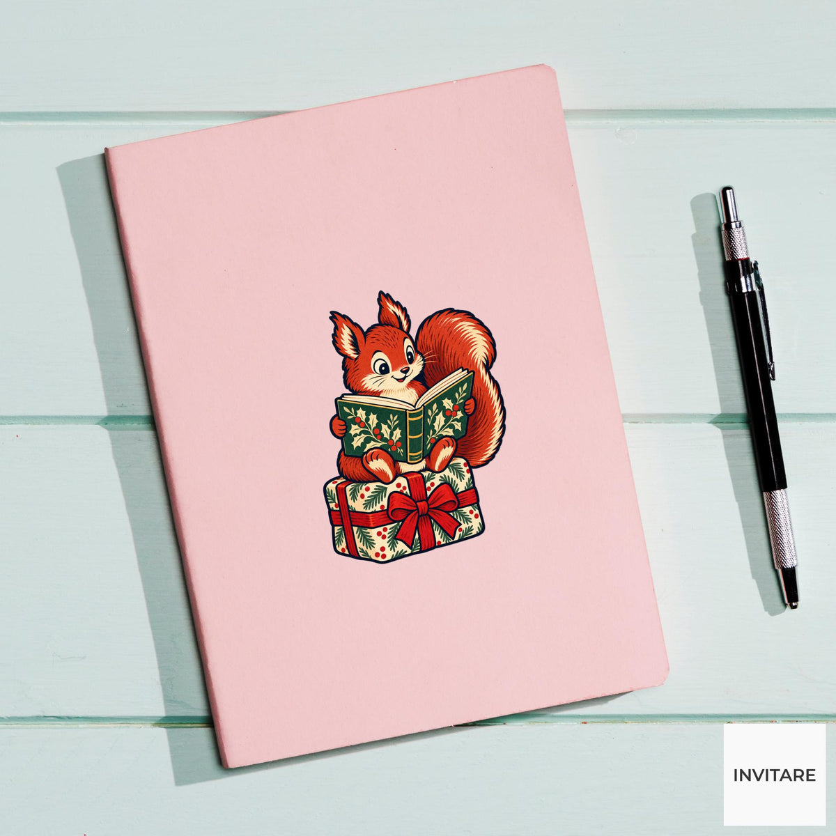 Squirrel Parcel Bookrest Vinyl Sticker, Cozy Christmas Reading Animal Decal, Book Lover Gift