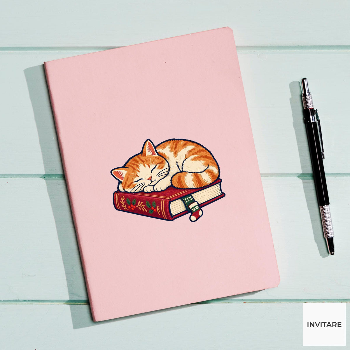 Cat Bookmark Nap Vinyl Sticker, Cozy Christmas Reading Animal Decal, Book Lover Gift