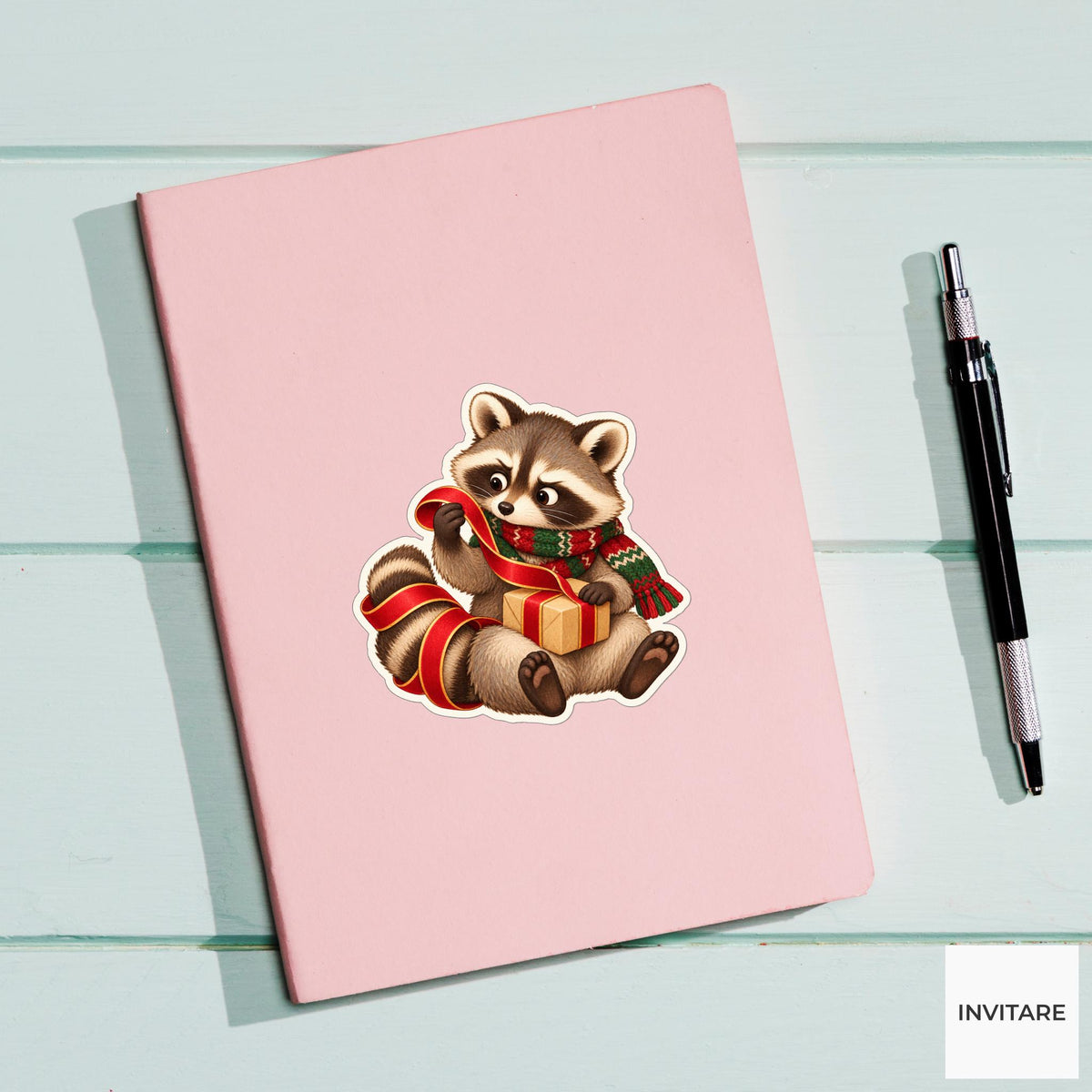 Raccoon Ribbon Untangle Sticker, Christmas Gift Mail Animal, Laptop Journal Planner Gift