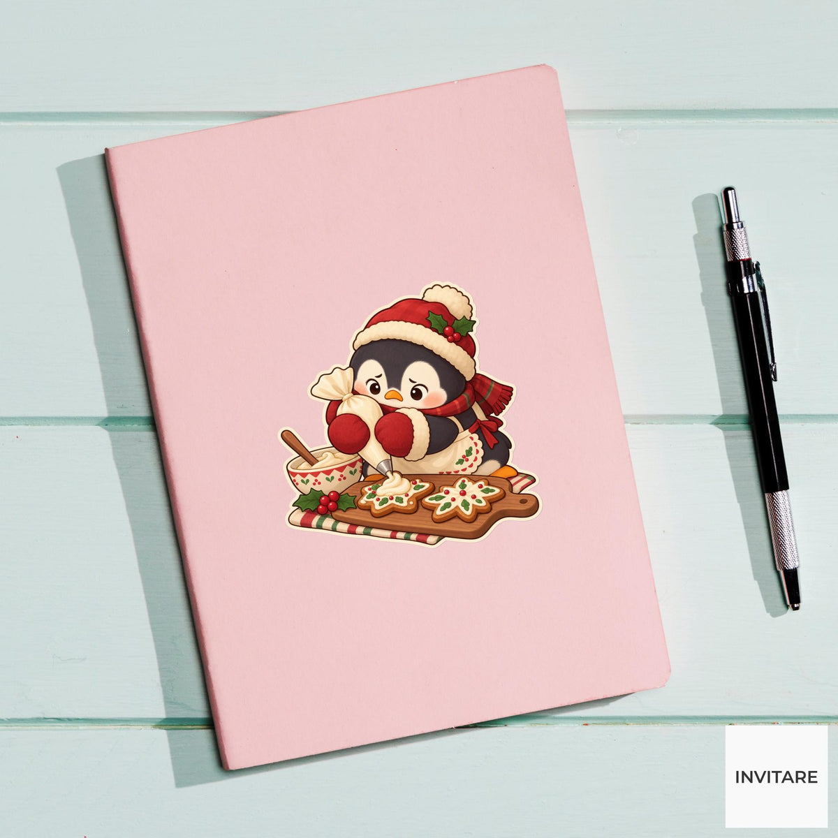 Penguin Icing Mittens Sticker, Christmas Cookie Animal, Planner and Notebook Decor, Baking Gift