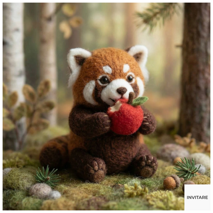 Needle Felted Red Panda Eating Apple Sticker | Gift for Animal Lovers
