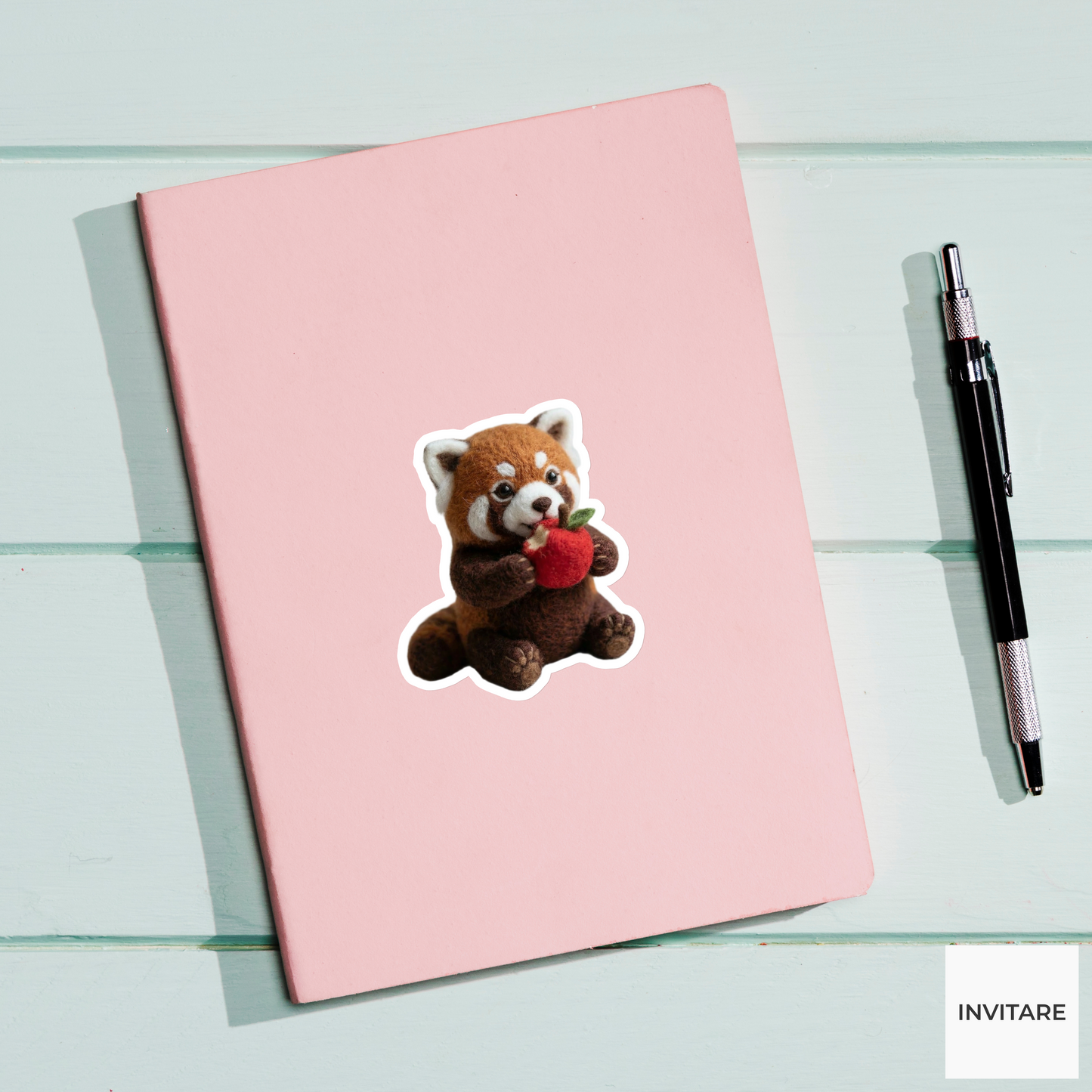 Needle Felted Red Panda Eating Apple Sticker | Gift for Animal Lovers
