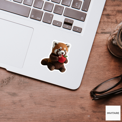 Needle Felted Red Panda Eating Apple Sticker | Gift for Animal Lovers