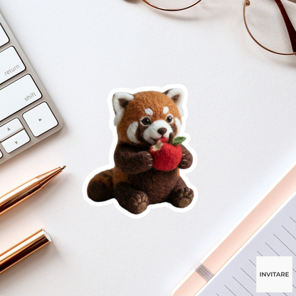 Needle Felted Red Panda Eating Apple Sticker | Gift for Animal Lovers