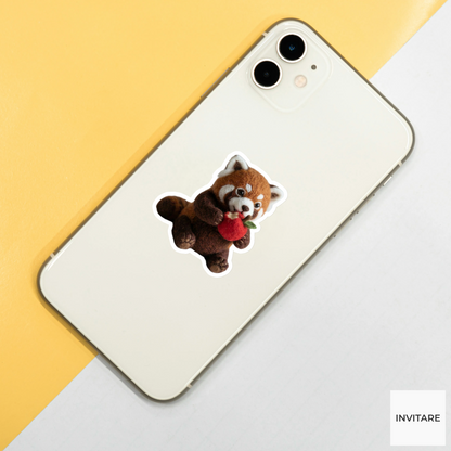 Needle Felted Red Panda Eating Apple Sticker | Gift for Animal Lovers