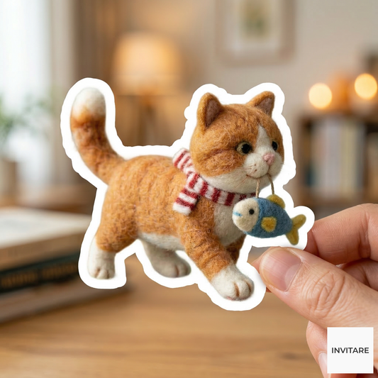 Adorable Needle Felted Cat Sticker | Unique Felt Art Decor | Gift for family