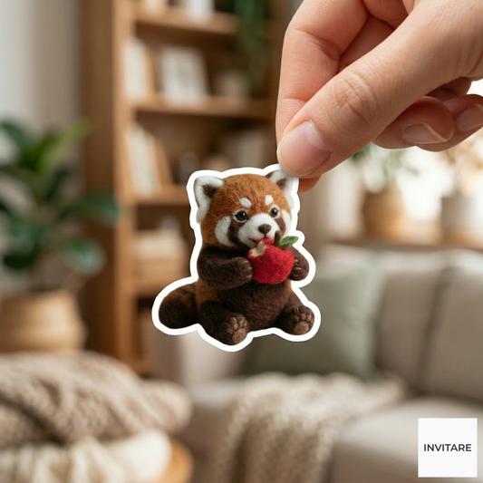 Needle Felted Red Panda Eating Apple Sticker | Gift for Animal Lovers
