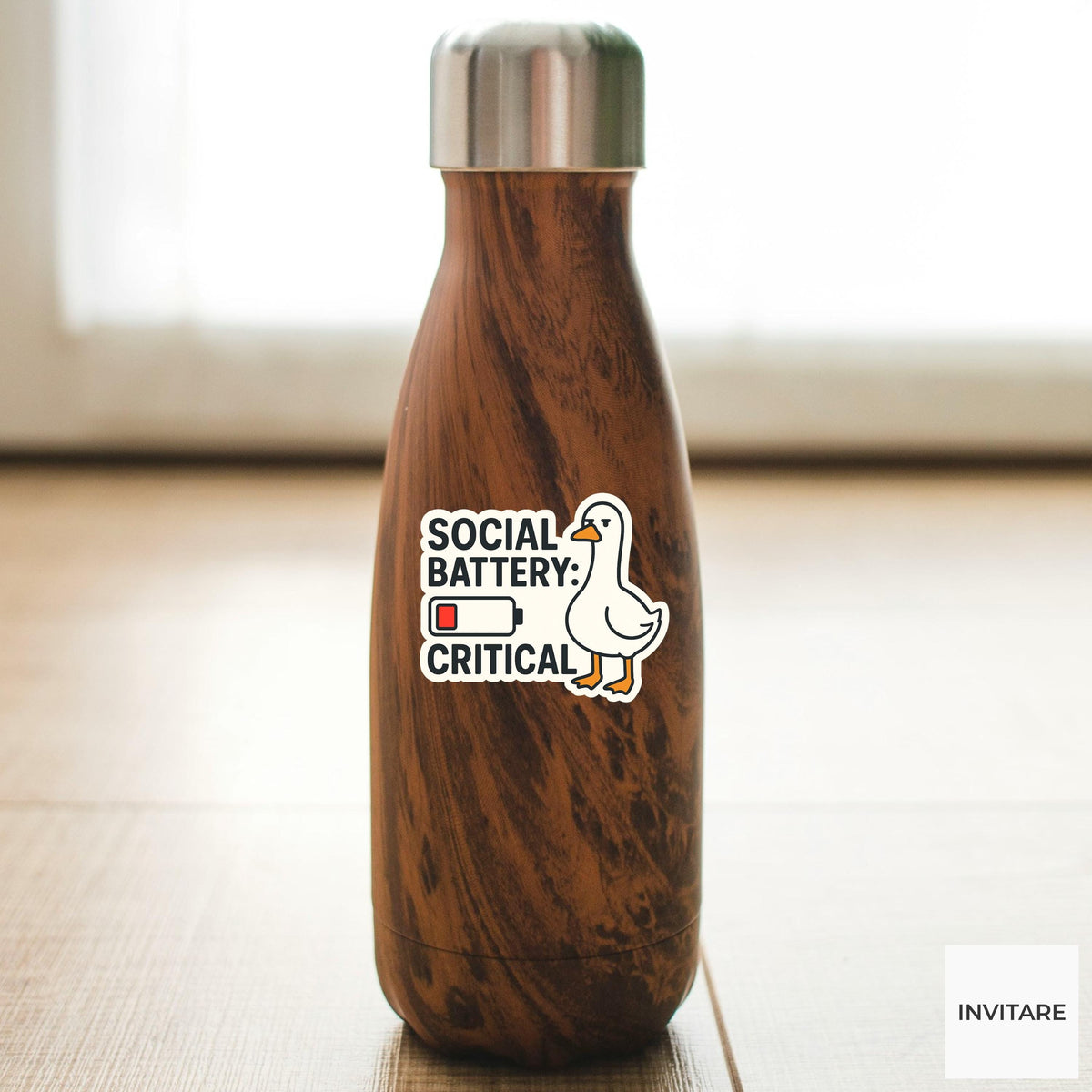 Funny Goose Sticker: Social Battery Critical Vinyl Decal