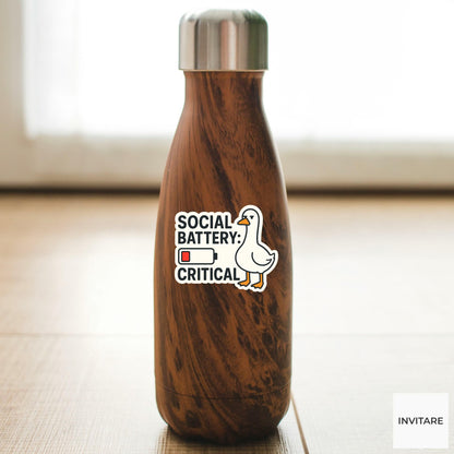 Funny Goose Sticker: Social Battery Critical Vinyl Decal