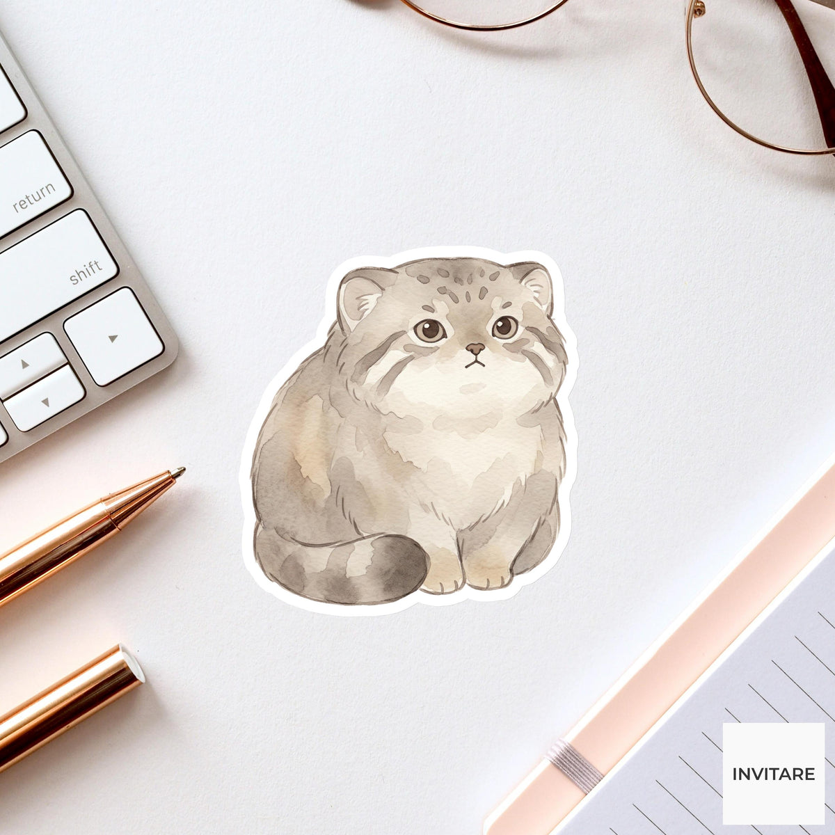 Whimsical Watercolor Pallas's Cat Sticker Mellow Grumpy Manul Decal for Journal Planner Gift