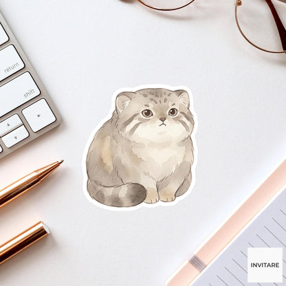 Whimsical Watercolor Pallas's Cat Sticker Mellow Grumpy Manul Decal for Journal Planner Gift