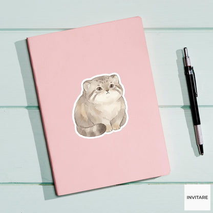 Whimsical Watercolor Pallas's Cat Sticker Mellow Grumpy Manul Decal for Journal Planner Gift