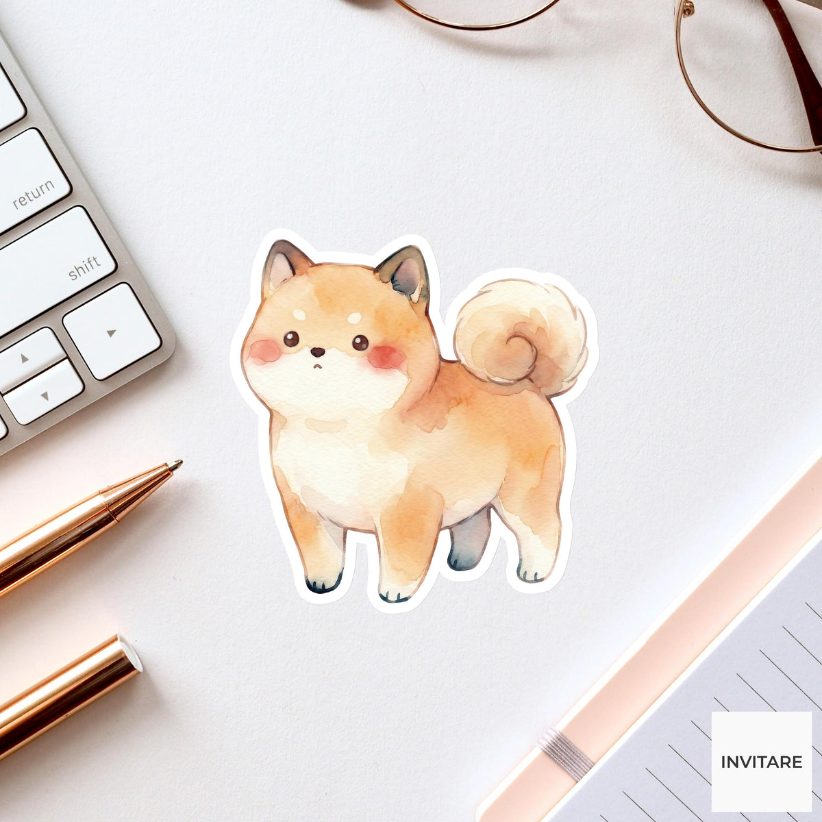 Traditional Watercolor Shiba Inu Sticker Fawn Japanese Dog Decal for Journal Planner Stationery