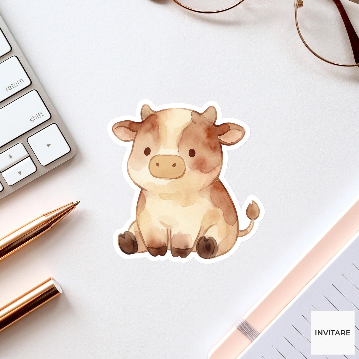 Whimsical Watercolor Cow Sticker Mellow Calf Farm Animal Decal for Journal Planner Laptop Stationery