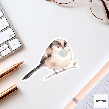 Whimsical Watercolor Long-tailed Tit Sticker Mellow Bird Decal for Journal Planner Laptop Gift