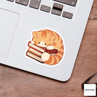Orange Cat Book Sticker, Cozy Reading Vinyl Decal, Bookish Gift for Readers