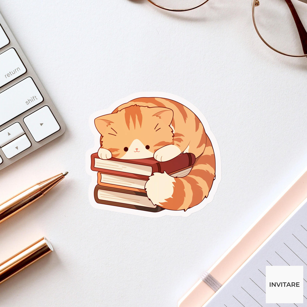 Orange Cat Book Sticker, Cozy Reading Vinyl Decal, Bookish Gift for Readers